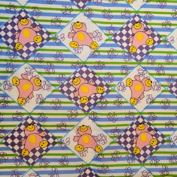 Cotton Fabric Pink Bear Print Stripes 1 Yard x 44" Quilting Sewing Retro Kids - Picture 1 of 9